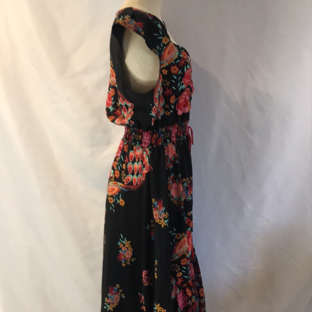Black floral peacock colorful print short sleeves hi-low maxi dress boho gypsy M - Picture 6 of 16
